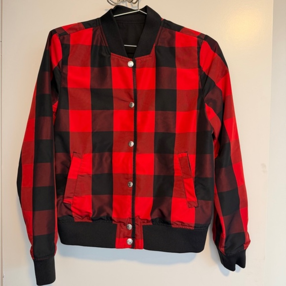 Calvin Klein Size Small Red and Black Reversible Plaid Bomber Jacket